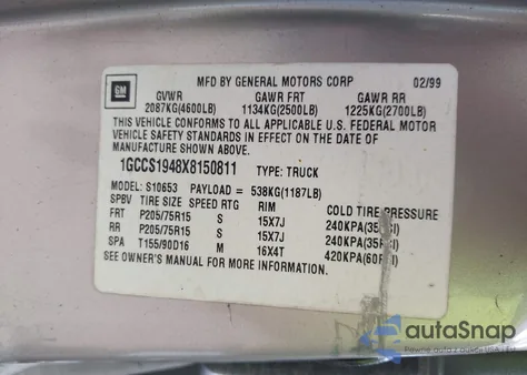 1999 Chevrolet S-10 Ls из США, поврежденный, VIN 1GCCS1948X8150811